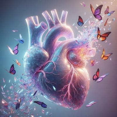 The primary subject of the image is a heart, which is the main object, scene, or focus of the image. The heart is depicted in a purple and pink color scheme, giving it a vibrant and lively appearance. The setting or background of the image features a blue sky, which adds a sense of depth and contrast to the heart's vivid colors. The visual style of the image is digital art, as it is a computer-generated illustration of a heart surrounded by butterflies. The overall
